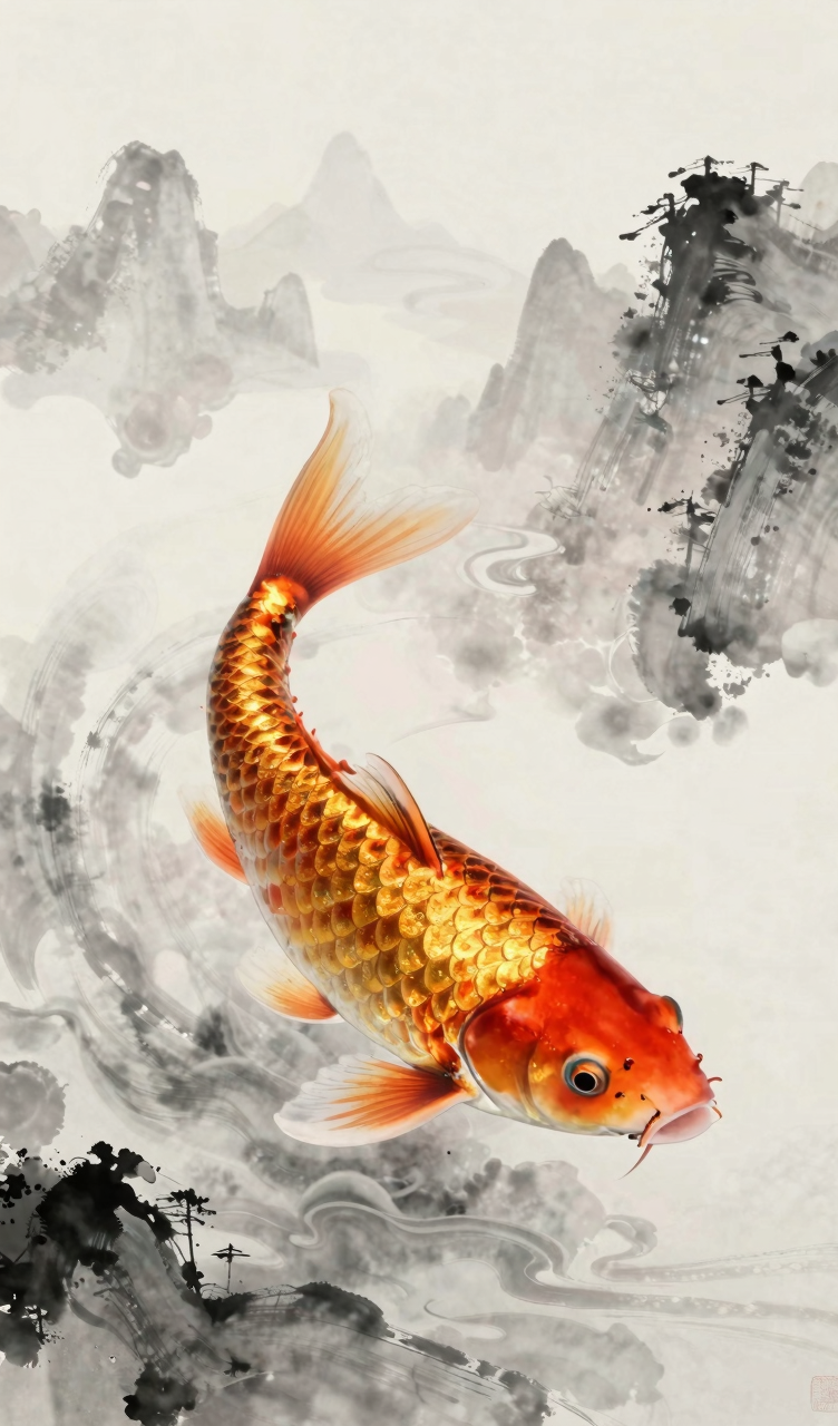 水墨画风格，一只巨大的锦鲤在云海中游动，鱼鳞闪烁着金光，背景是若隐若现的山峰，留白，意境，高分辨率，中国传统艺术。...